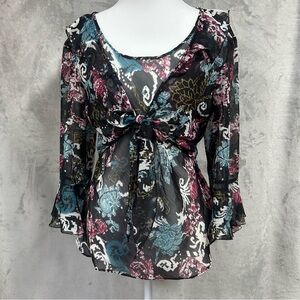 Versailles Y2K Sheer Ruffle Tie Knot Layer Sz L Dark Floral